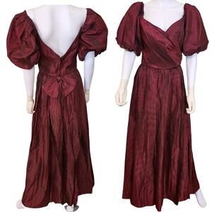 Vintage 80s Does 40s Dark Red Black Striped Puff Sleeve Long Dress